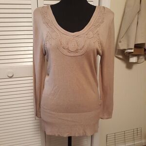 Kenar Long Sleeve Scoop Neck Top with Embroidered Trim Women's Sz M Tan on Tan